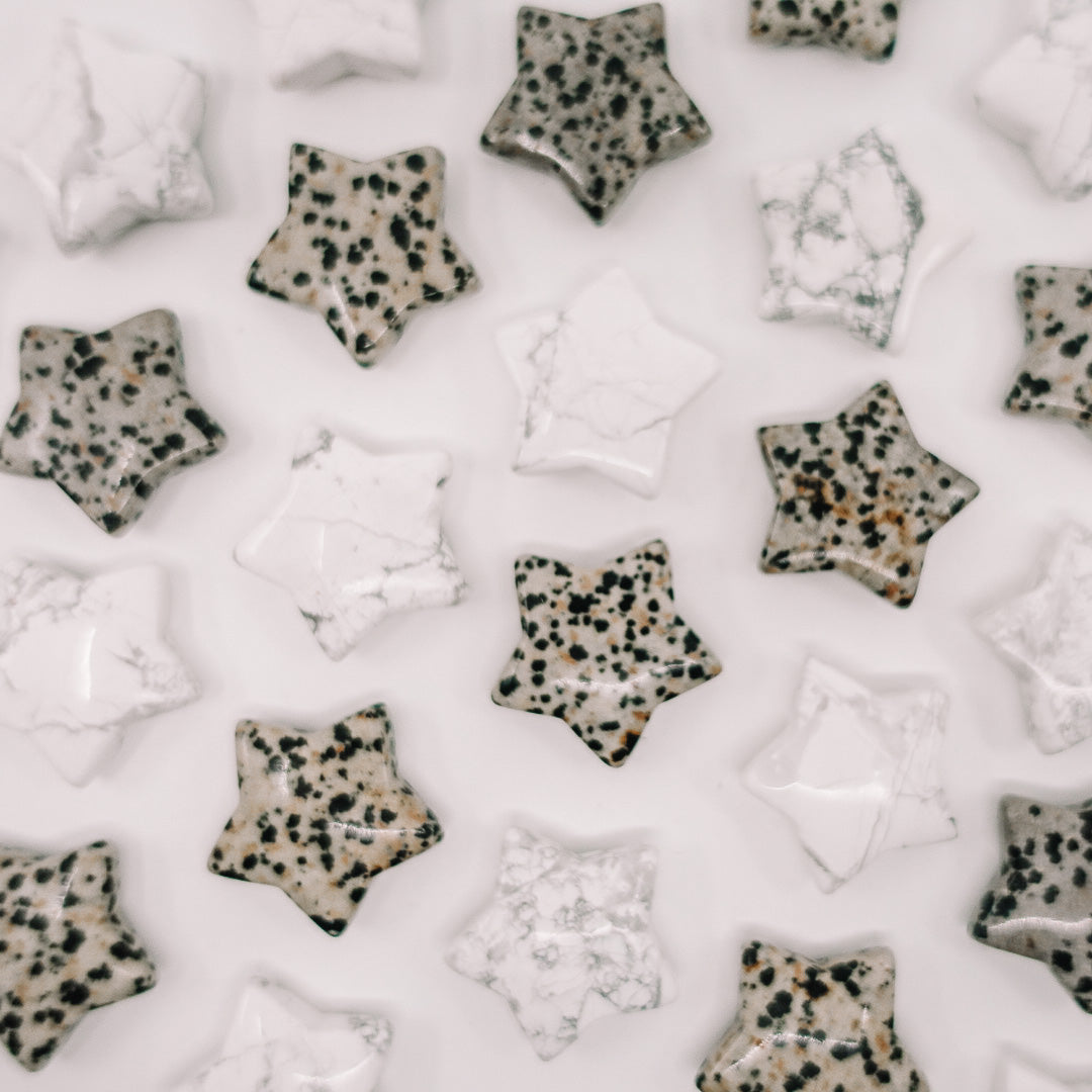 Mini crystal stars crafted from Howlite and Dalmatian Jasper