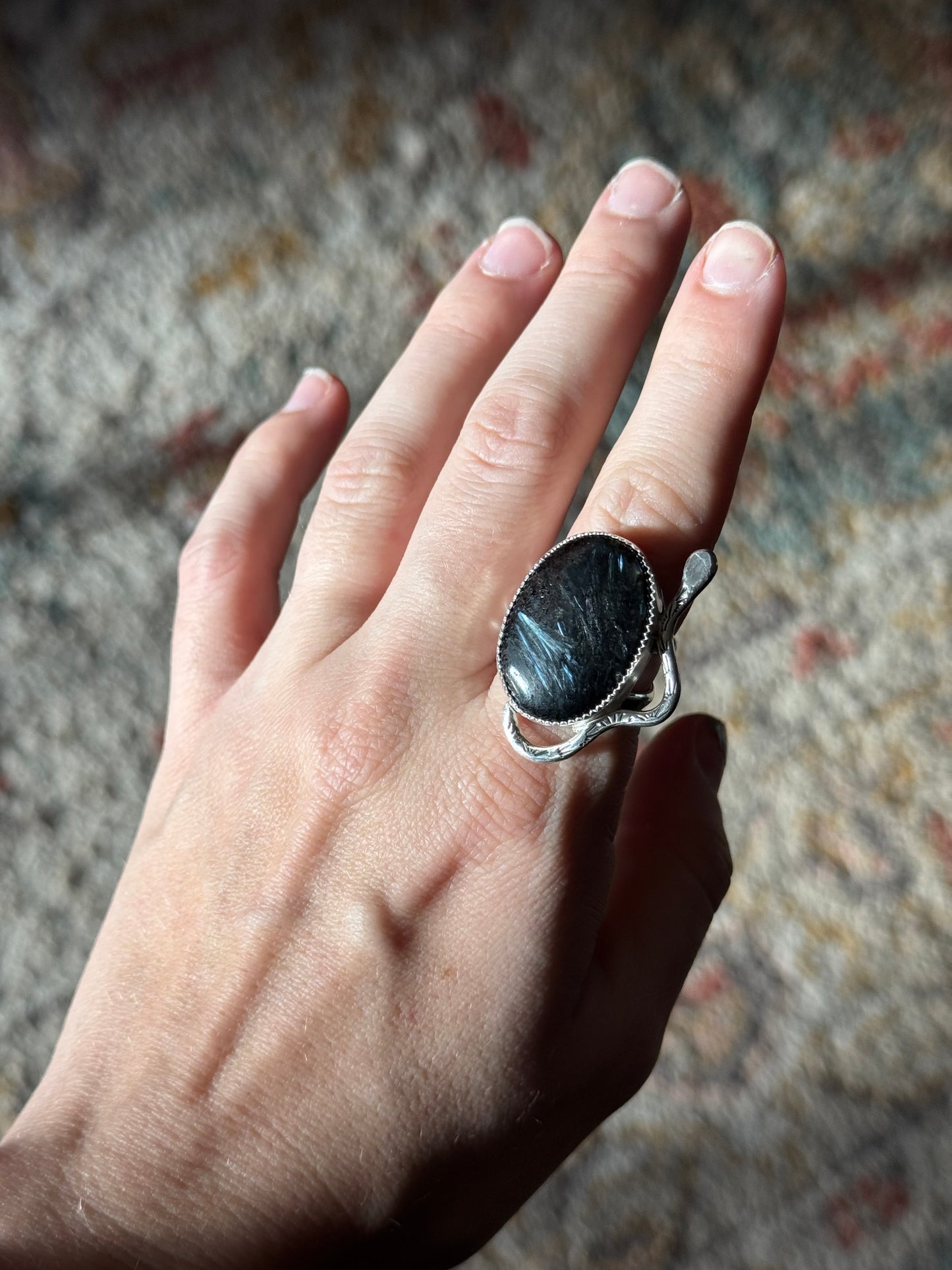 Snake Arfvedsonite + Garnet Ring Size 6.5