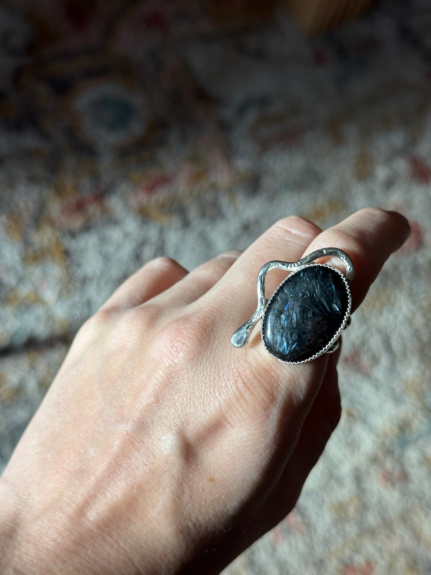 Snake Arfvedsonite + Garnet Ring Size 6.5