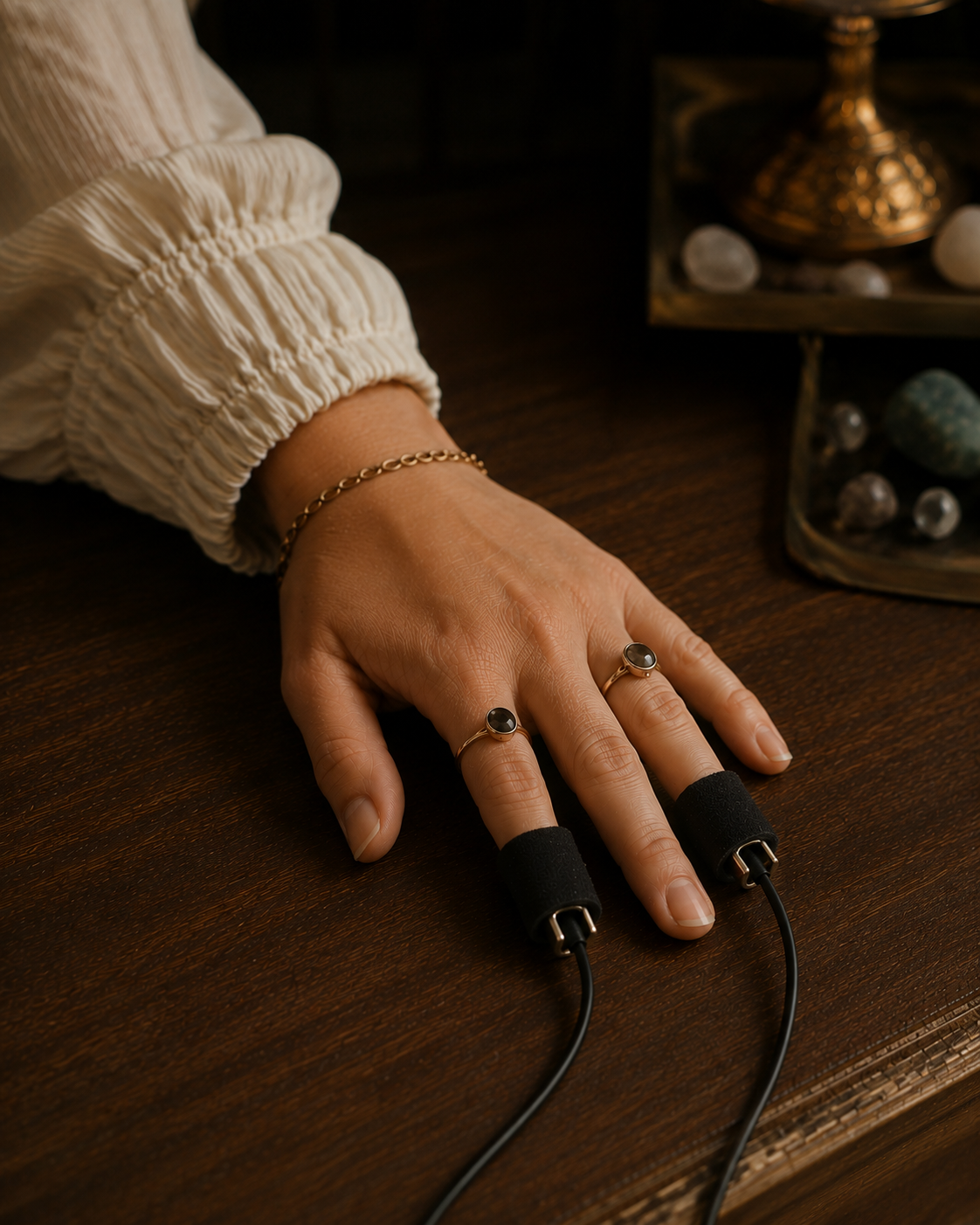 Hands resting on aura photography biofeedback sensors