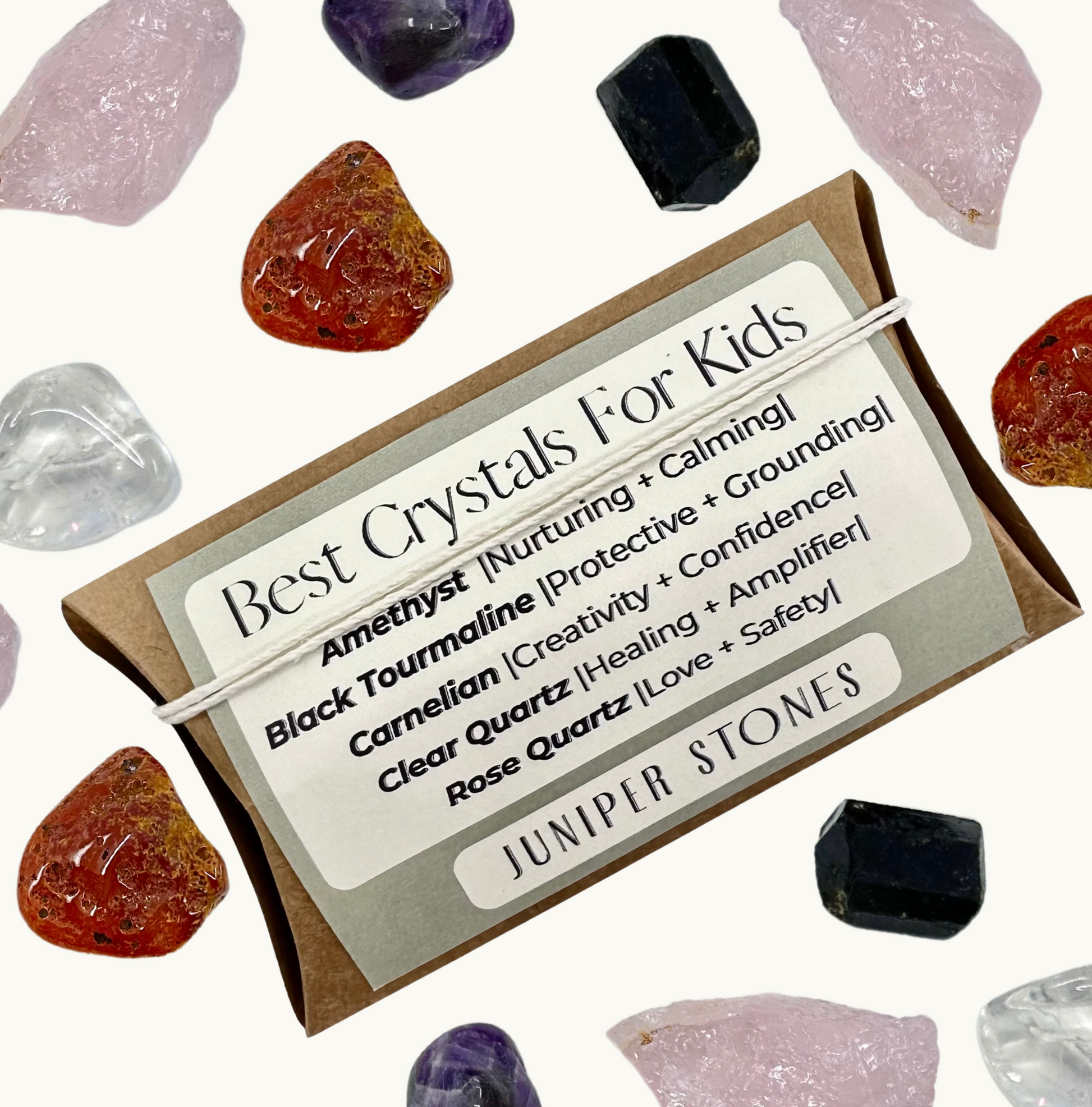 Magical Crystal Kit for Kids: Includes Amethyst, Rose Quartz, Clear Quartz, Black Tourmaline, and Carnelian - A colorful assortment of crystals arranged on a vibrant background, inviting young explorers to embark on a journey of discovery and wonder. Perfect for children, parents, educators, and crystal enthusiasts.