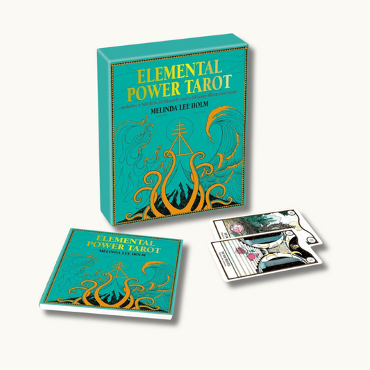 "Elemental Power Tarot Deck" displaying a deck of tarot cards themed around the elements of nature, featuring intricate illustrations representing earth, air, fire, and water energies infused with mystical symbolism.