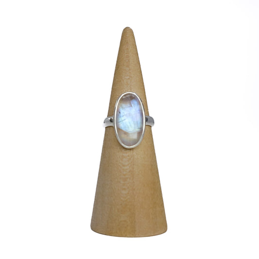 Moonstone ring representing nurturing energy, love, and fertility. Pairs with Staurolite and Jade. Shop now for crystal jewelry!