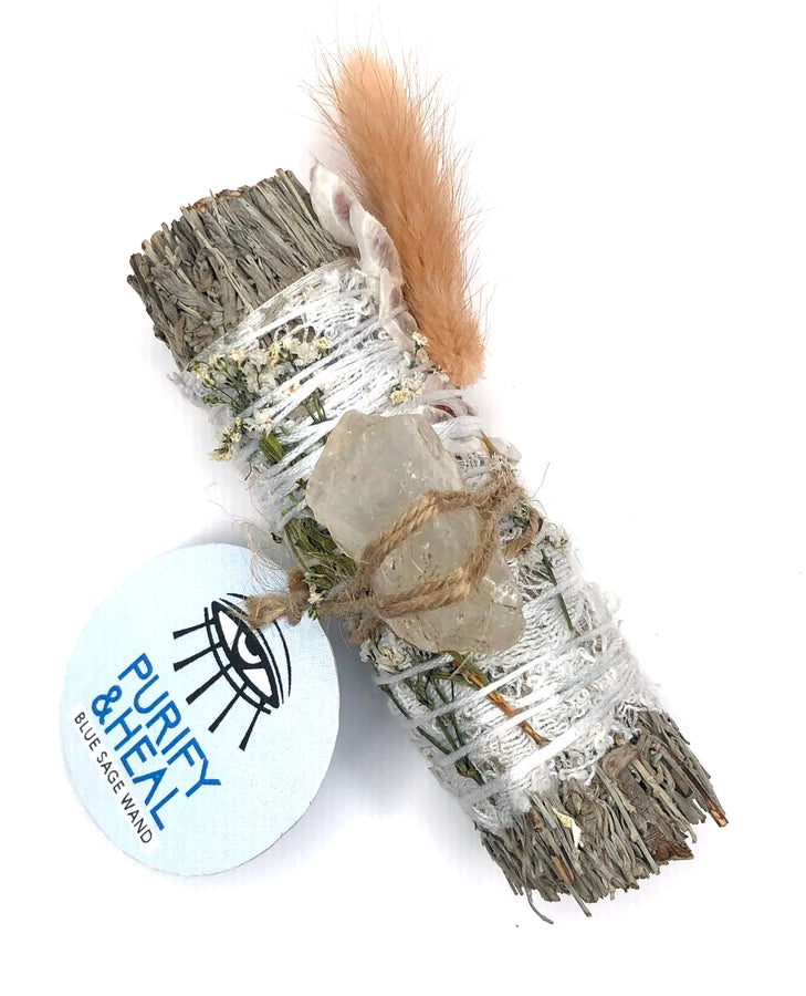 "Purify Ritual Healing Blue Sage Wand" showcasing a bundle of dried blue sage leaves bound together with twine, intended for use in purification rituals and healing ceremonies, emitting a calming and cleansing aroma.