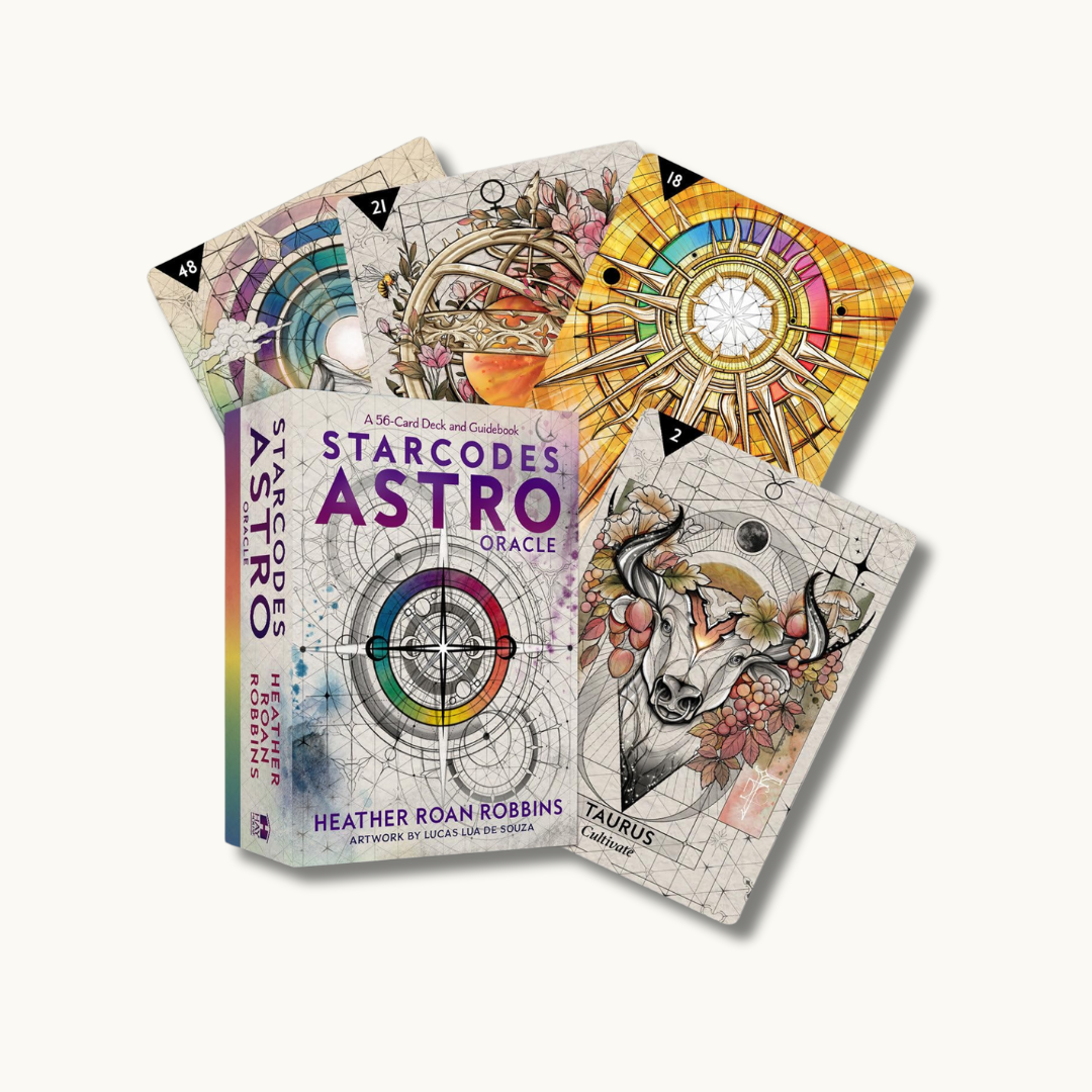"StarCodes Astro Oracle Deck" showcasing a deck of oracle cards adorned with celestial symbols and astrological motifs, designed to guide users through cosmic insights and celestial wisdom.