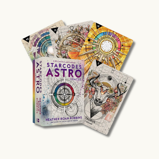 "StarCodes Astro Oracle Deck" showcasing a deck of oracle cards adorned with celestial symbols and astrological motifs, designed to guide users through cosmic insights and celestial wisdom.