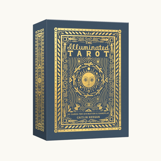 "The Illuminated Tarot Deck" featuring vibrant and intricately designed tarot cards arranged in a spread, with intricate patterns and symbols.