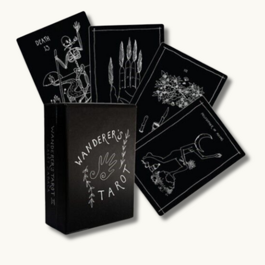 "Wanderer's Tarot Deck" featuring a deck of tarot cards adorned with mystical and ethereal illustrations inspired by nature, mythology, and the cosmos, designed to provide spiritual guidance and insight into life's journey.