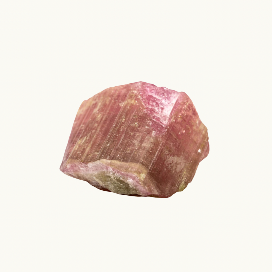 Watermelon tourmaline crystal, approximately measuring 1.5" x 1". Ideal for heart chakra activation, calming energy, and healing. Shapes and sizes may vary.