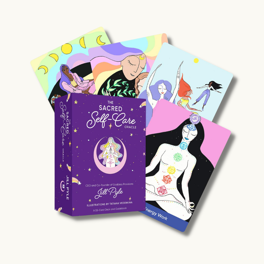 "The Sacred Self-Care Oracle Deck" - A beautifully illustrated deck of 55 cards featuring whimsical designs, designed to nurture intuition and spiritual well-being. Accompanied by a guidebook full of mantras, journal prompts, and guidance, this deck encourages self-care as a top priority for modern seekers.